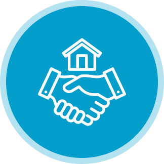 Handshake icon with house on blue background.
