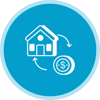 House and coin with circular arrows icon.