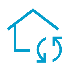 Blue house outline with circular arrows.